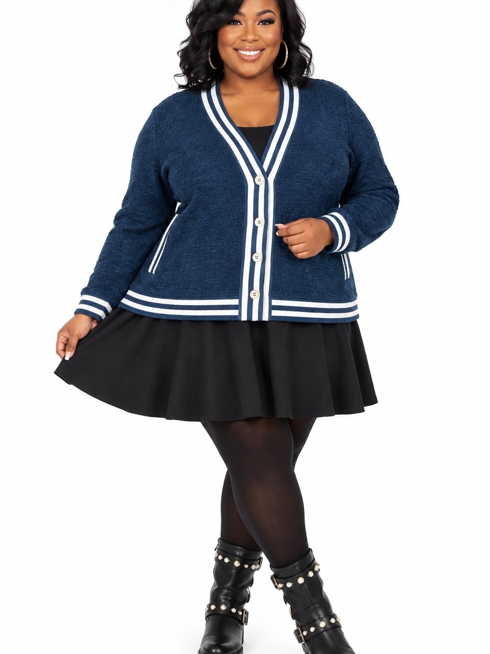 Plus Size Navy Cardigan with White Stripe Trim